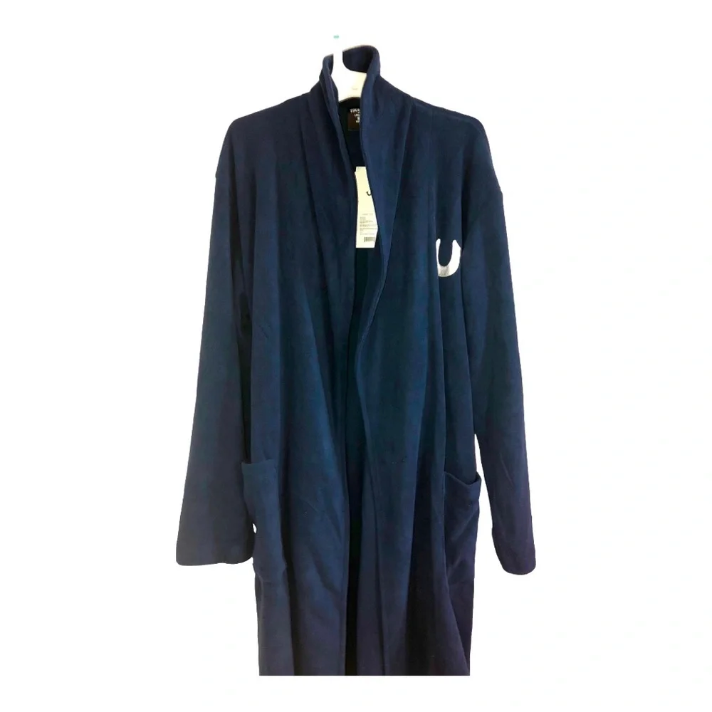 True Religion dark navy blue fleece silver logo lounge bath robe size small new‎